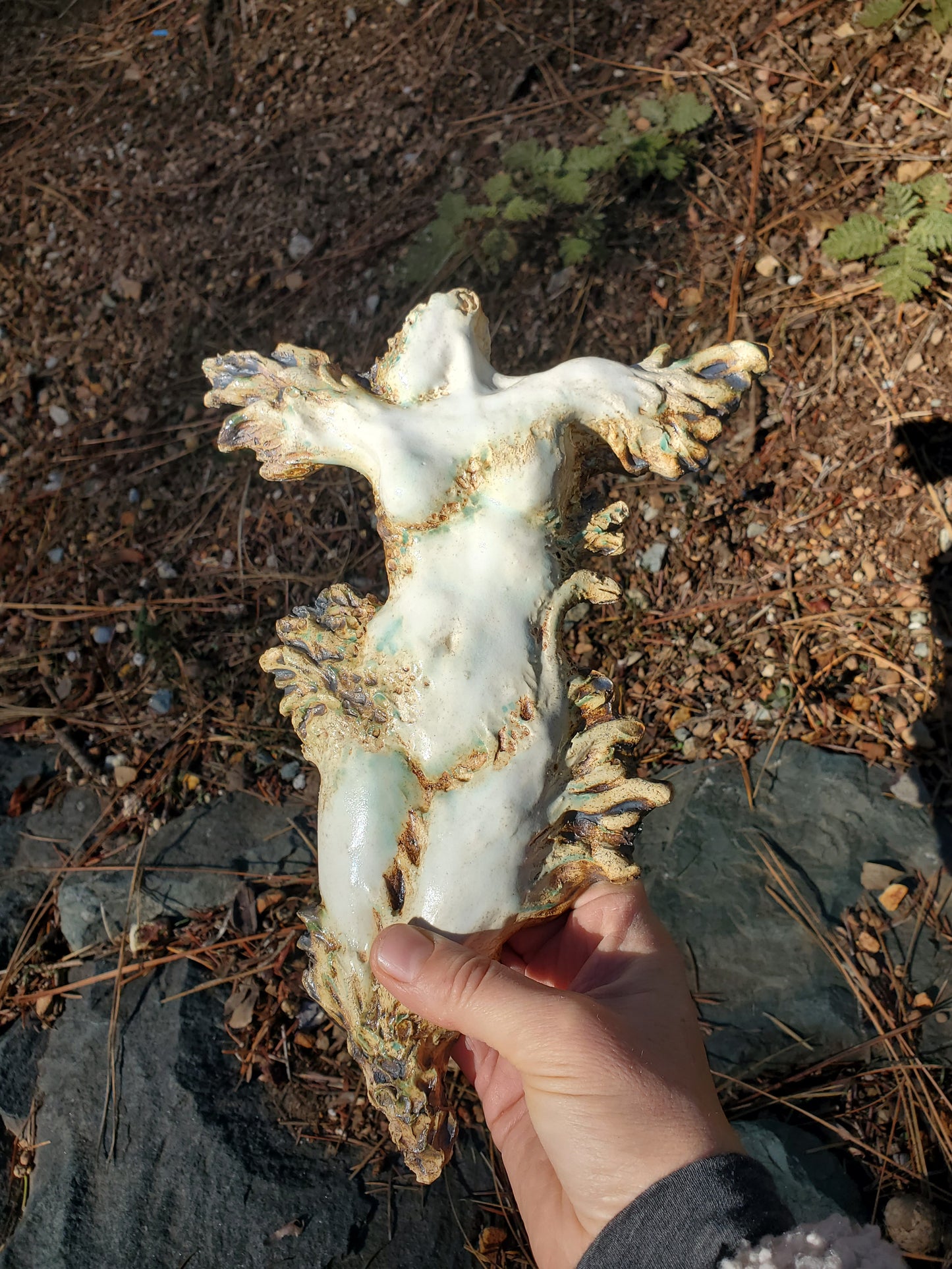 Animergence, medium size ceramic wallhanging sculpture, female figure with snake