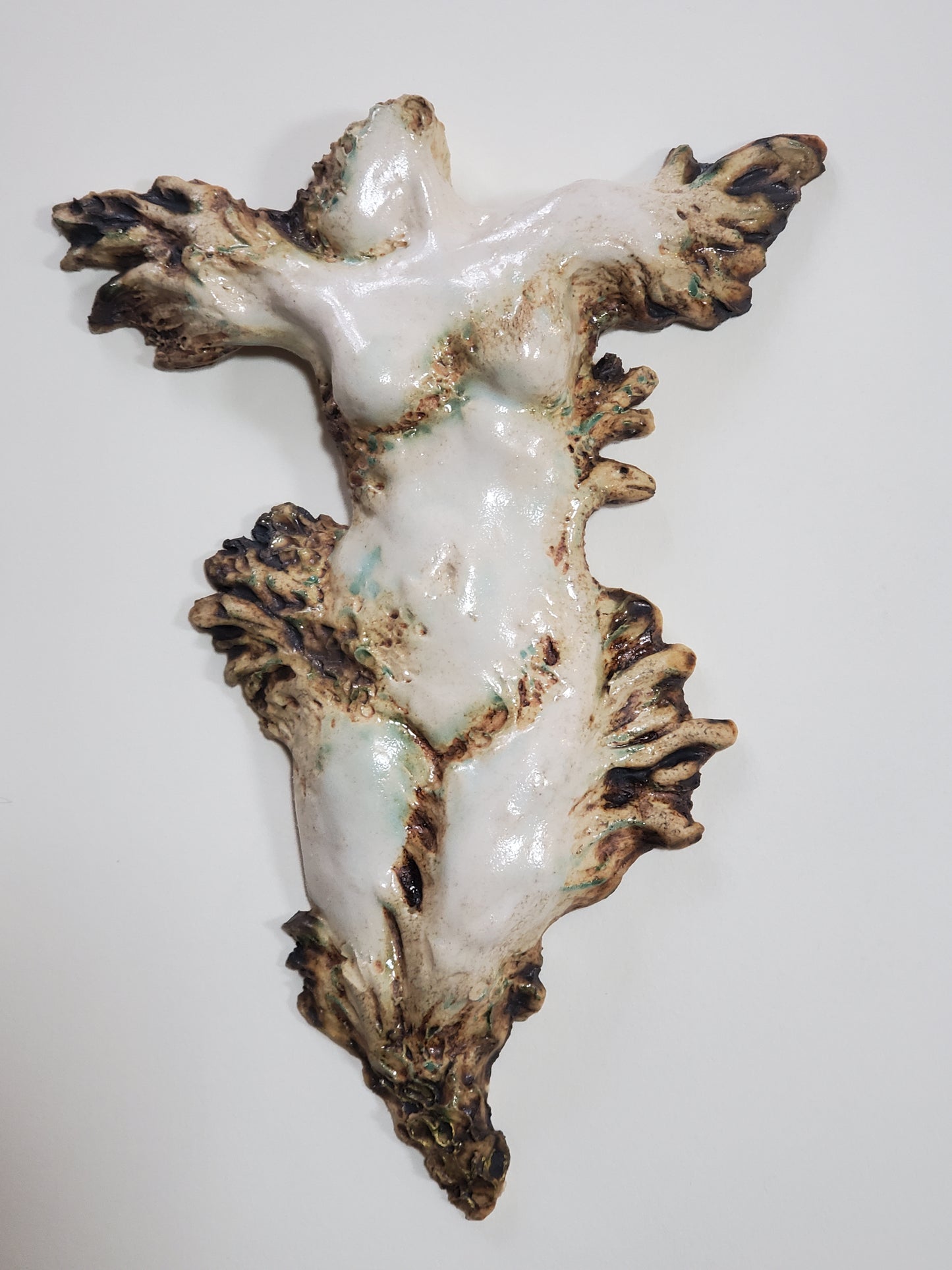 Animergence, medium size ceramic wallhanging sculpture, female figure with snake