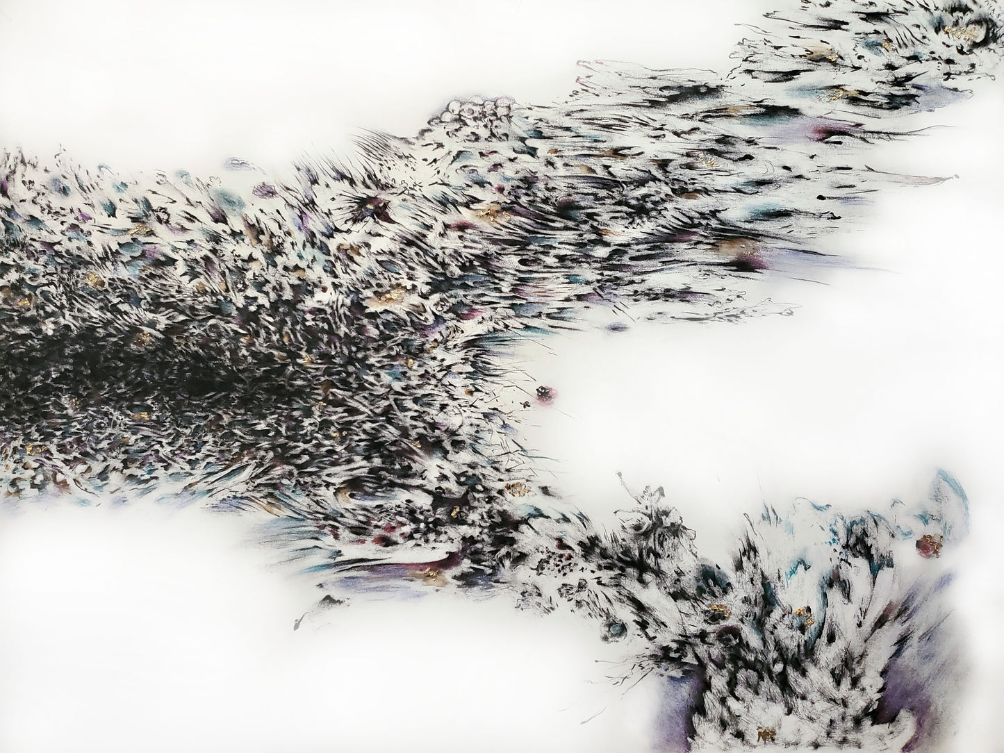 Diptych 'Genesis', original abstract art, charcoal, pastel and goldleaf drawings